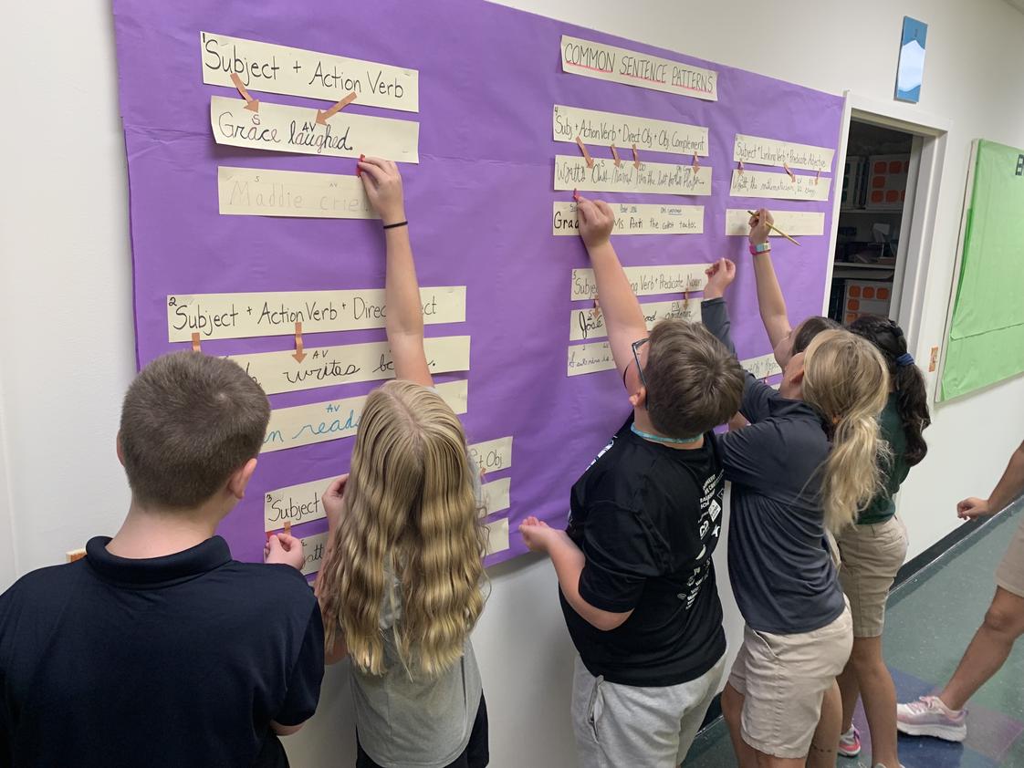 Radcliffe Creek School Photo - Fifth graders learn grammar skills by writing out sentences on sentence strips, then marking the parts of speech with post-it flags.