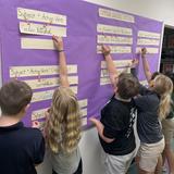 Radcliffe Creek School Photo - Fifth graders learn grammar skills by writing out sentences on sentence strips, then marking the parts of speech with post-it flags.
