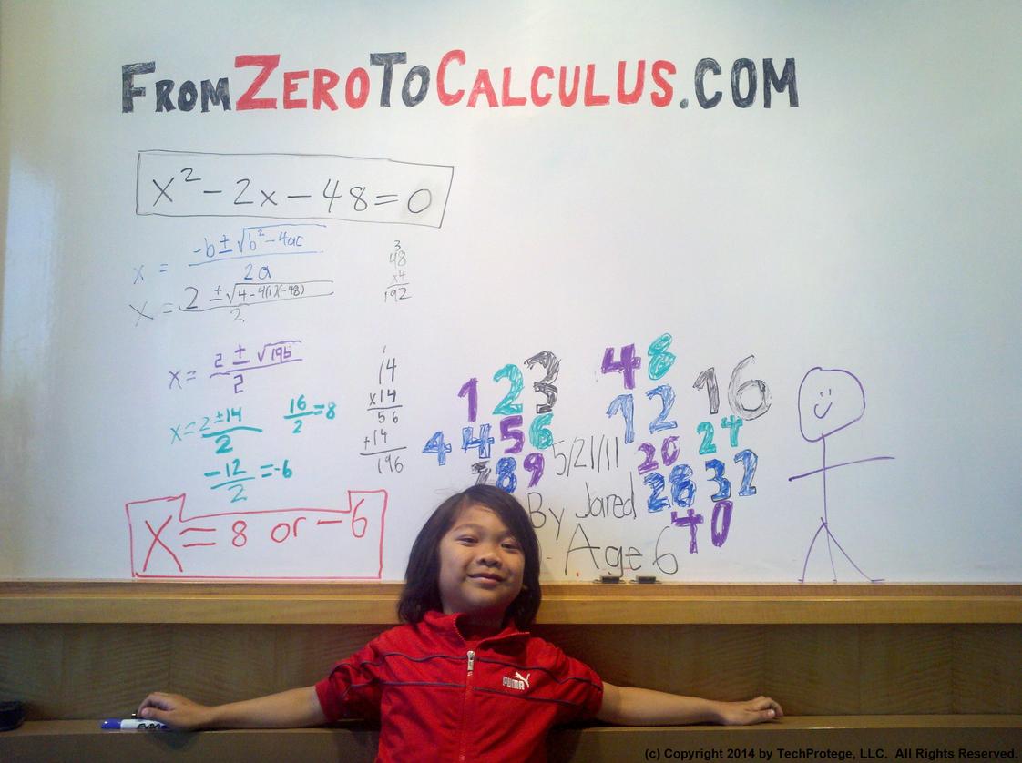 TechProtege, LLC Photo #1 - 6-year-old Jared solving Algebra "Quadratic Equations" at TechProtege. In just 11 months at TechProtege, Jared has advanced from 3rd Grade Math all the way to 9th Grade Math-- even while only in 1st Grade at his regular school!