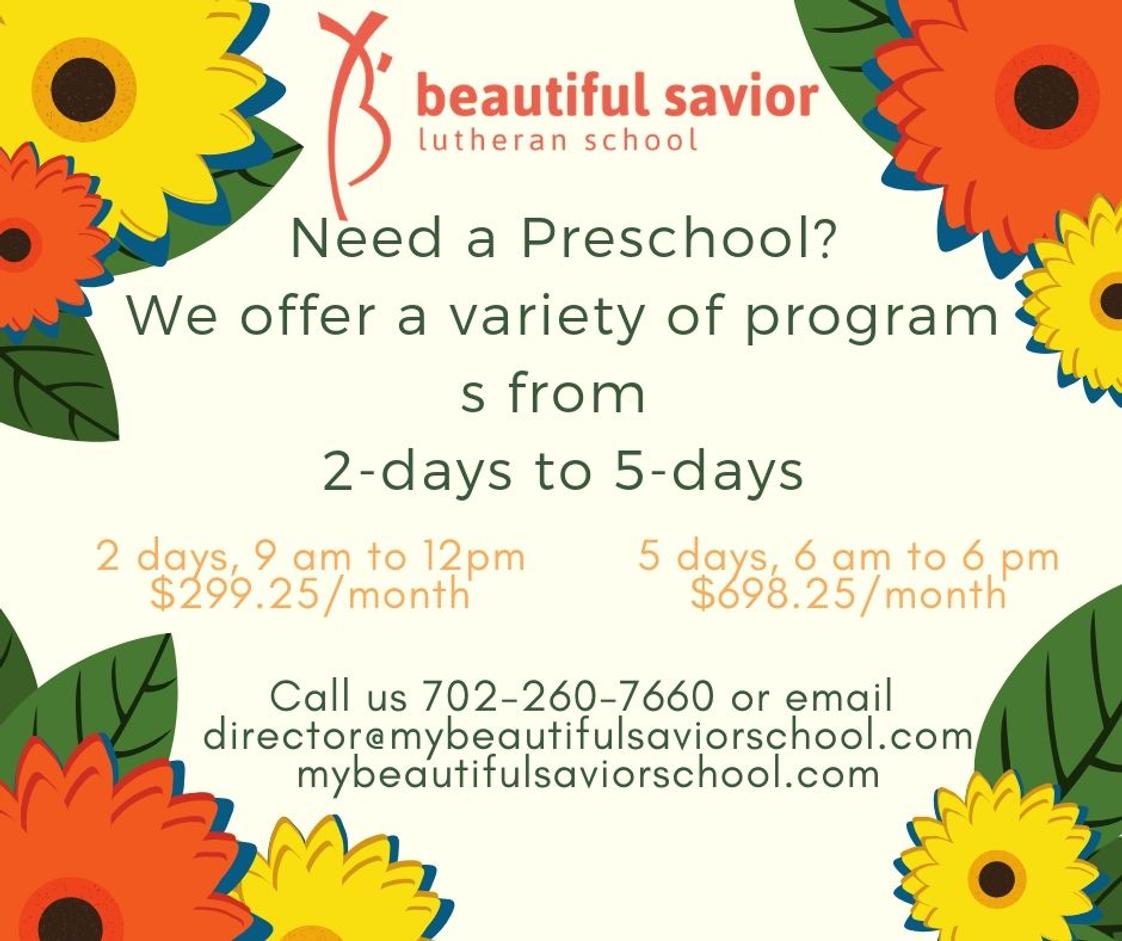 Beautiful Savior Lutheran School Photo #1 - We are committed to CARING for your child , SHARING the love of Jesus Christ, and PREPARING your child for life as they grow and develop. 702-260-7660 Director: Jennifer Heiny Director@mybeautifulsaviorschool.com mybeautifulsaviorschool.com