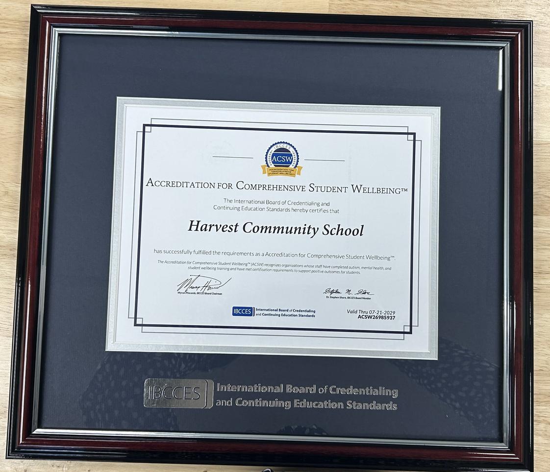 Harvest Community School Photo #1 - Harvest has earned accreditation for Comprehensive Student Wellbeing from the International Board of Credentialing and Continuing Education Standards