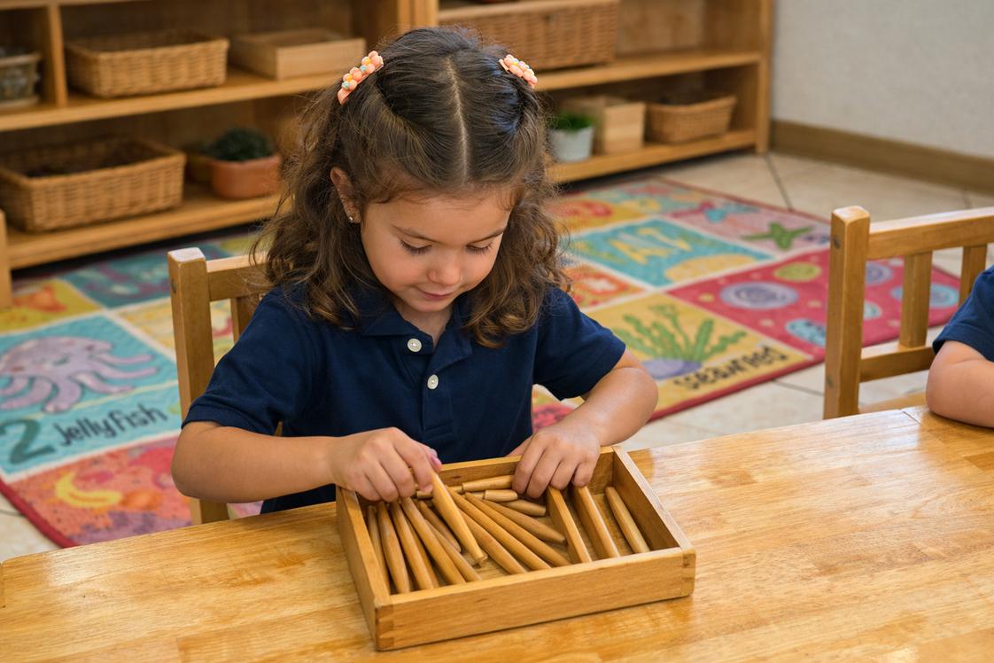 Montessori Children's Academy Photo #2 - A young girl carefully places wooden spindles into a counting box, practicing focus, order, and fine motor control. This Montessori material strengthens early math understanding, hand & eye coordination, and independence while nurturing calm concentration in a beautifully prepared learning environment.