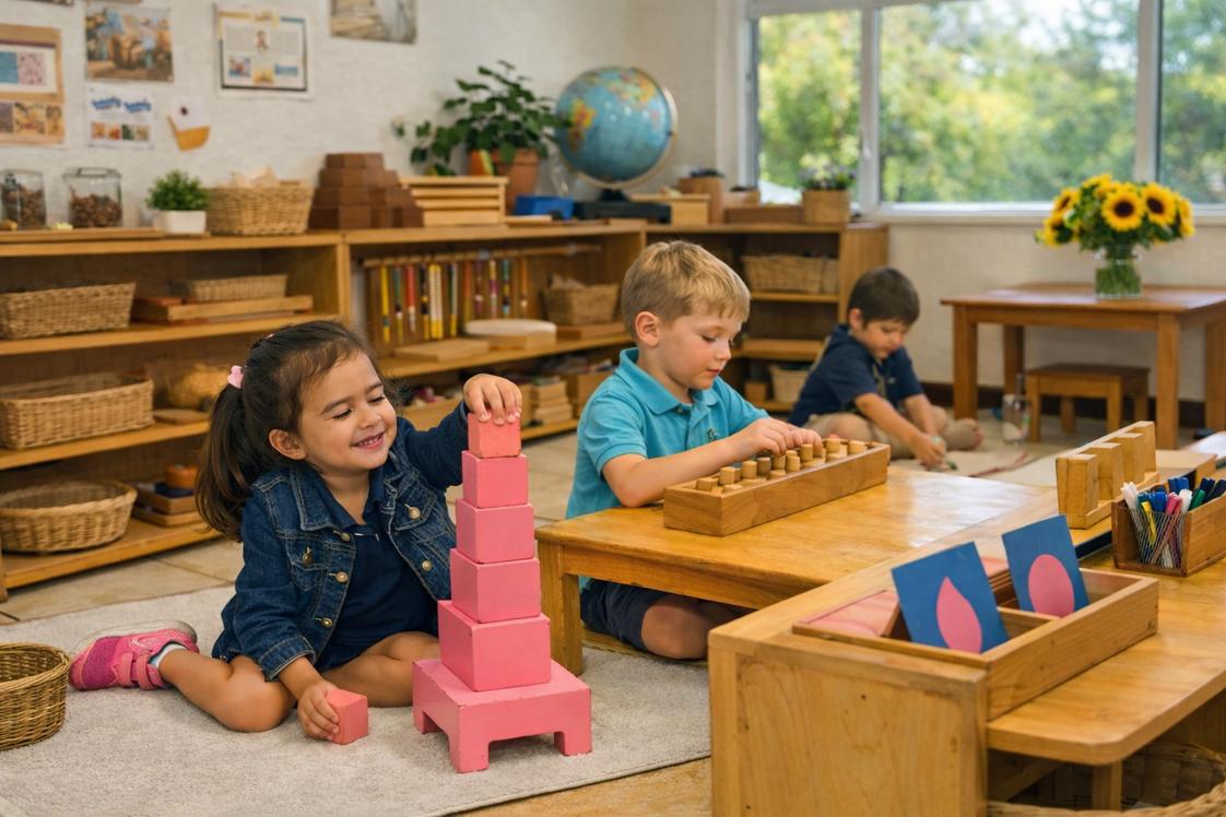 Montessori Children's Academy Photo - A bright Montessori classroom where children explore independence and creativity. A girl builds the Pink Tower with focus and joy, while a boy works with cylinder blocks, refining coordination and concentration. Natural light, wooden shelves, and sunflowers create a calm, inspiring environment that reflects Montessori values-handson learning, order, and beauty in every detail.