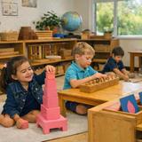 Montessori Children's Academy Photo - A bright Montessori classroom where children explore independence and creativity. A girl builds the Pink Tower with focus and joy, while a boy works with cylinder blocks, refining coordination and concentration. Natural light, wooden shelves, and sunflowers create a calm, inspiring environment that reflects Montessori values-handson learning, order, and beauty in every detail.